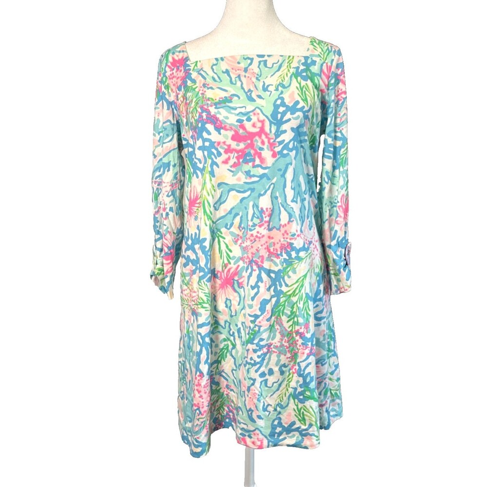 Lilly Pulitzer BAILEE Multi Coral Bay Dress Sz M $98 Square Neck Preppy Tropical